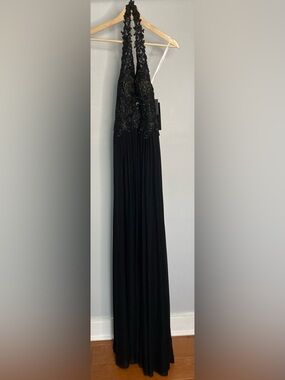 Sherri Hill Black Halter Evening Gown with Beaded Bodice